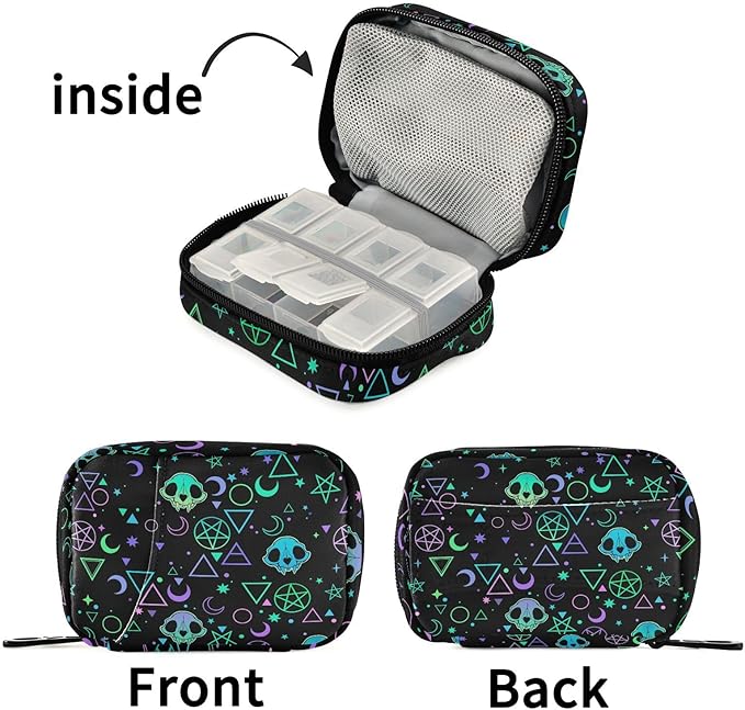 Magic Symbols Skulls Pill Box 7 Day Pill Case Travel Pill Organizer Bag Container for Medicine with Zipper Portable Weekly Case Compact Size for Medicine, Vitamin, Supplement