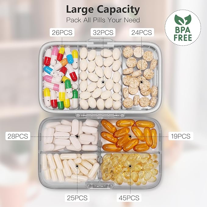 FYY Weekly Pill Organizer with Labels,8 Compartments Travel Daily Pill Case Airtight Moistureproof Large Pill Box to Hold Vitamins, Fish Oil, Supplements,Cotton Swab and Bandages-Grey