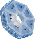 Round Pill Organizer Small Weekly Pill Case for Purse Bling Cute Medicine Pill Box Compact Vitamin Container 7 Day Daily Pill Holder Planner(Blue)