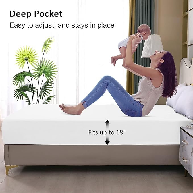 Twin XL Mattress Protector Waterproof, Fitted Sheet Style Breathable Mattress Cover with Deep Pocket Fits Up to 18'', Noiseless Bed Cover for Kids Adults Pets, Machine Washable (White, 39'' X 80'')