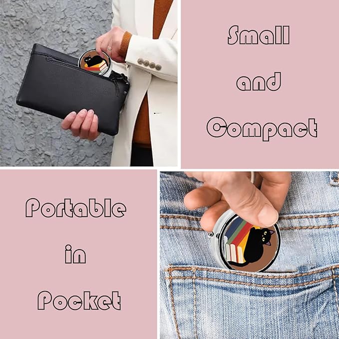 Metal Pill Organizer - 3-Compartment Mini Round Pill Case for Pocket & Purse, Portable Vitamin Holder, Easy-Open Design for Travel - Black Cat and Book