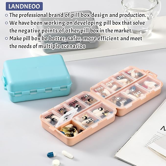 Foldable & Portable Weekly Pill Organizer 2 Times a Day with Clear Printed Labels - 7 Day AM PM Medicine Box, Week Daily Travel Pill Meds Case Holder for Medications, Vitamin, Supplement - Pink