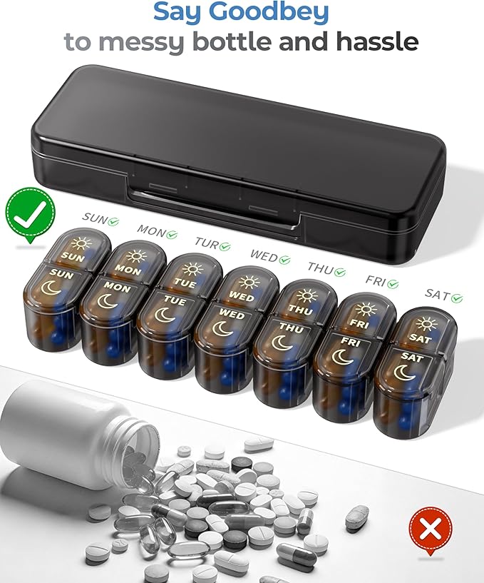 Weekly Pill Organizer 7 Day AM PM - Travel Pill Box 2 Times a Day with One-Hand Easy-Open Lid, 14 Compartments Portable Medicine Case for Daily Vitamins, Fish Oil, Pills and Supplements