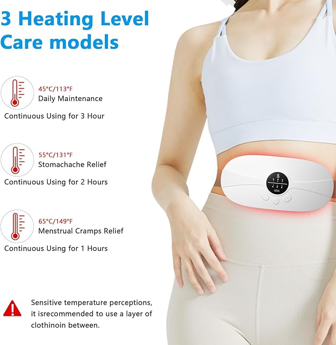 Protable Heating Pad for Period Cramps,Cordless Menstrual Heating Pad with 3 Heat Levels and 3 Vibration Massage Modes, for Period Pain,Best Gifts for Her, Women and Girl (White)