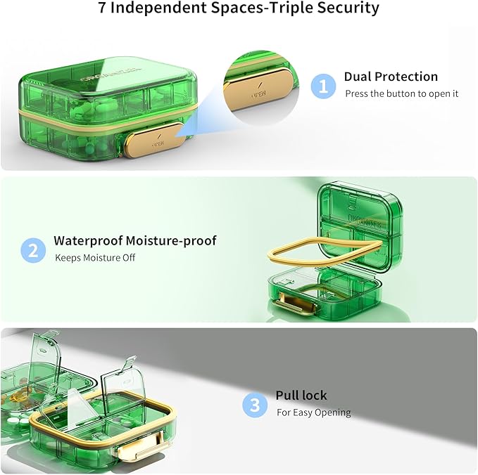 Travel Pill Organizer, Waterproof Weekly Pill Box 7 Day, Portable Container for Purse Pocket, Removable Compartments Daily Supplements Case, Airtight Storage for Outdoor (Green)