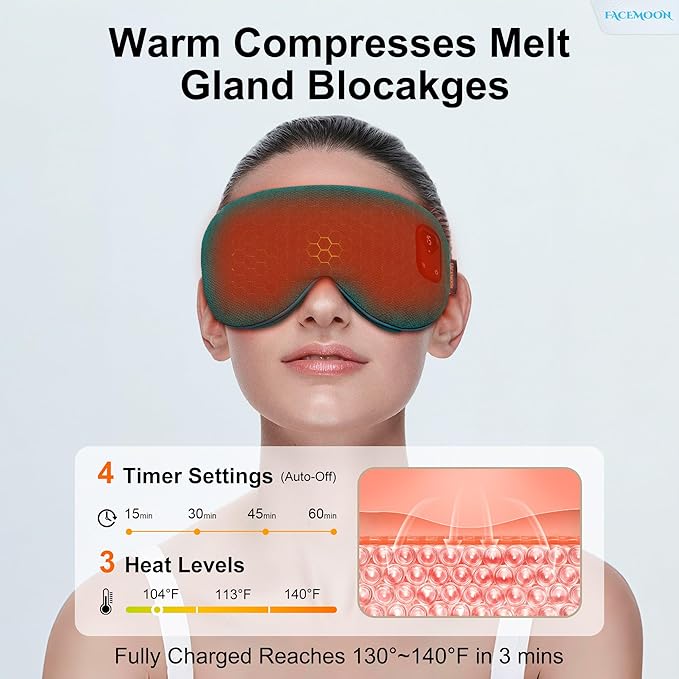 FACEMOON Heated Eye Mask for Dry Eyes: Electric Warm Compress for Blepharitis Stye Tired Eyes - Cordless Heat Relief Heating - Stable Temp 1500 Mah Rechargeable Washable Green