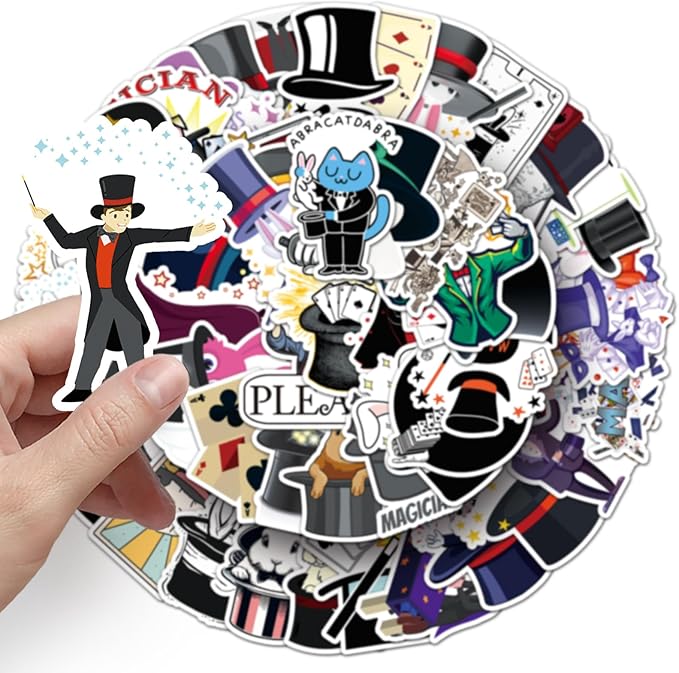 53pcs Magician Stickers, Waterproof Vinyl Stickers with Rabbit, Poker, Hat & Magic Wand Patterns, Suitable for Kids & Adults, Decor for Laptop, Phone