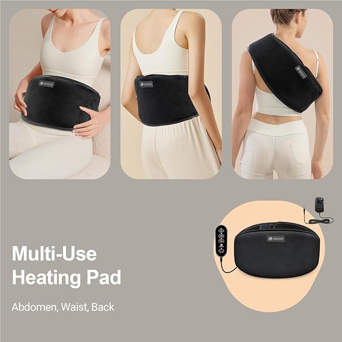 CooCoCo Cordless Heating Pad with Massager for Back Pain Relief, Portable Lower Back Massager with Heat, Rechargeable Heat Pad for Period Cramps, Auto-Off