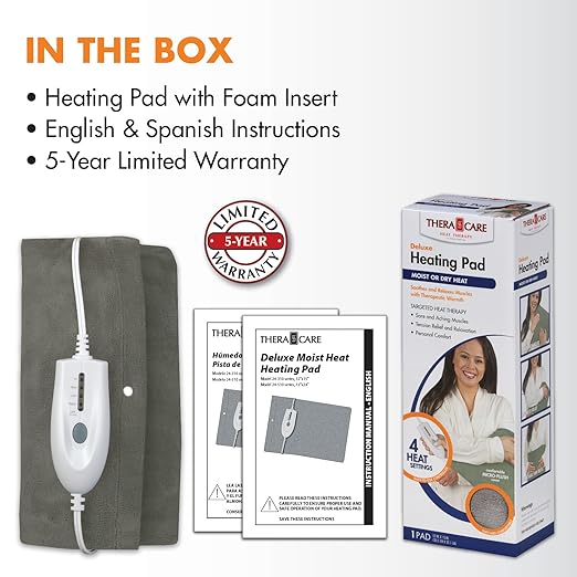 TheraCare Deluxe Heating Pad | Moist & Dry Heat | Four-Heat Settings | Sore Muscles | Soothing Warm Relief | Personal Size 12” x 15” | Safe, Automatic Shut Off
