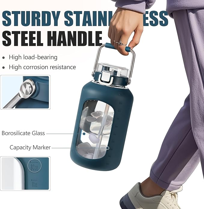 Large Glass Water Bottles with Stainless Steel Handle,100 oz Gallon Drinking Bottle with 2-in-1 Straw Lid,3 Liter Glass Water Jug with Silicone Sleeve,Wide Mouth,Dark Blue