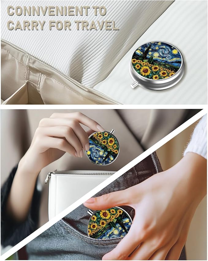 Pill Box, 3 Compartment Portable Travel Medicine Box with Mirror, Compact and Cute, Fits in Purse and Pocket, Medicine and Vitamin Organizer (Sunflower)