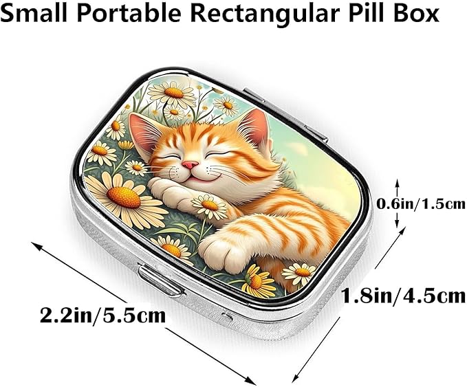 ABLESKY Pill Box, 2 Compartment Pill Organizer Case for Pocket or Purse, Small Portable Metal Travel Medicine Box with Mirror, Daily Vitamins Fish Oil Container-Cute Daisy Cat