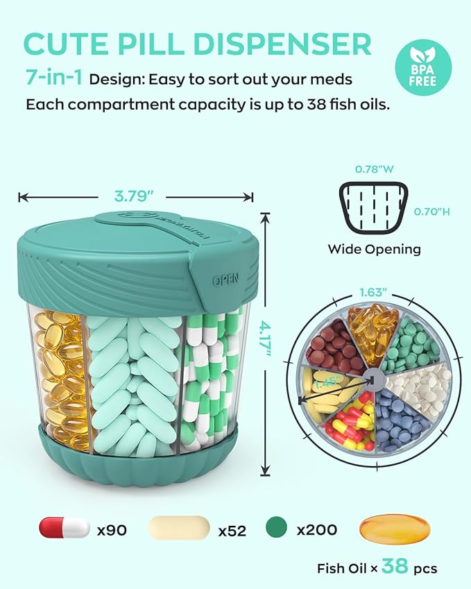 Large Pill Dispenser, Portable Pill Bottle Organizer for 7 Vitamins, Anti-Mix Supplement Organizer with Easy Twist Wide Opening, BPA-Free Pill Container, 20 Pcs Labels Included, Cyan
