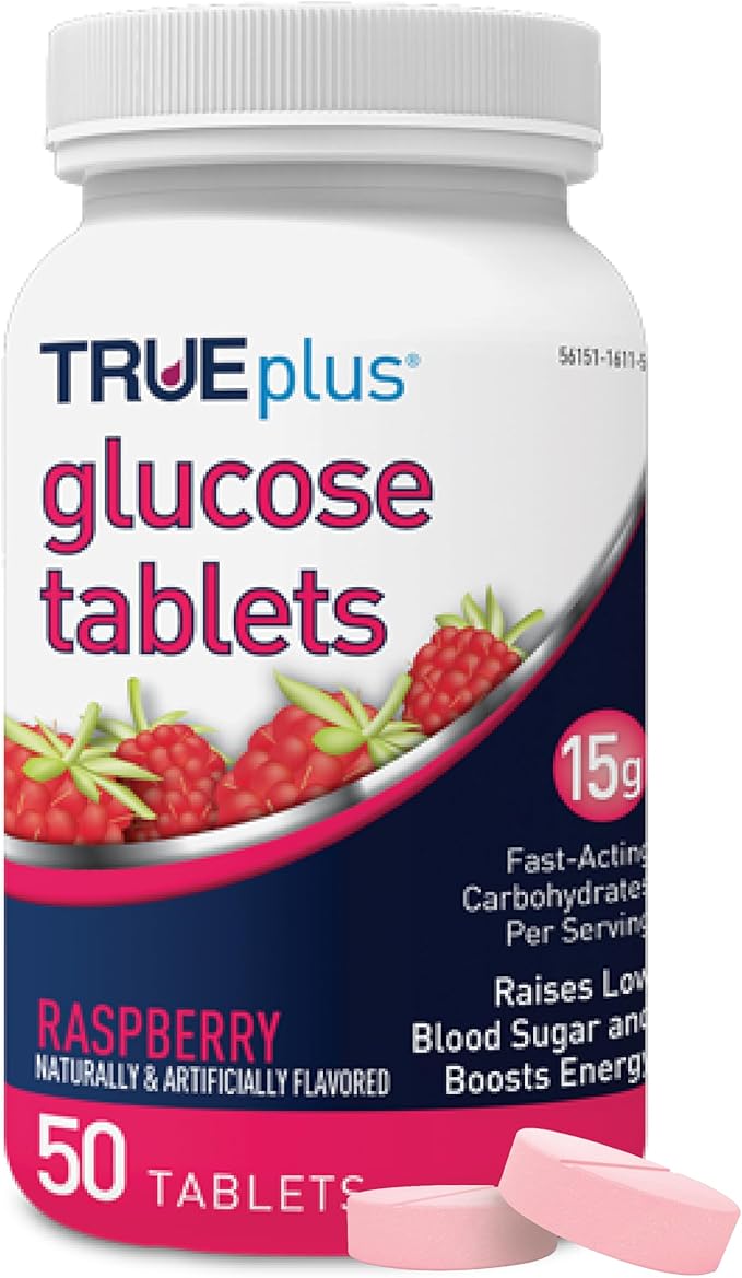 TRUEplus Glucose Tablets, Chewable, Raspberry Flavor, 15g Fast-Acting Carbohydrates, Fat Free, Gluten Free, Raise Low Blood Sugar and Boost Energy, 50 Count