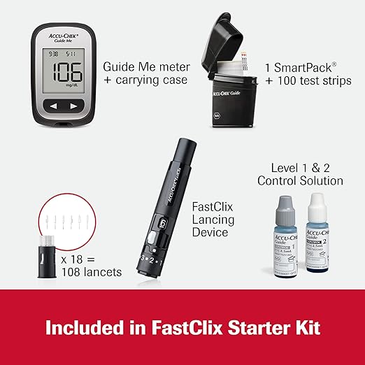 Accu-Chek FastClix Glucose Monitor Kit for Diabetic Blood Sugar Testing: Guide Me Meter, FastClix Lancing Device & 108 Lancets, 100 Guide Test Strips, and Control Solution (Packaging May Vary)