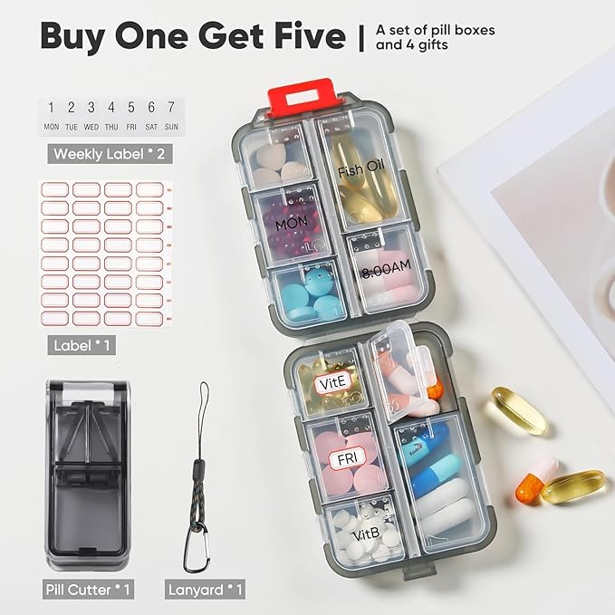 4 Pack Travel Pill Organizer Small Pill Case Pocket Pill Box Portable Medicine Organizer Box with Lables and Pill Cutter (Multi-Colored)