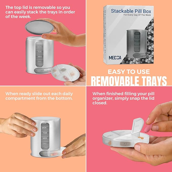 Stackable Daily Pill Organizer - Premium Weekly Medication Reminder with 7 Individual Stacking Cases - Weekly AM/PM Pill Box with 4 Times a Day, a Everyday Medicine Organizer, Silver, Case of 40