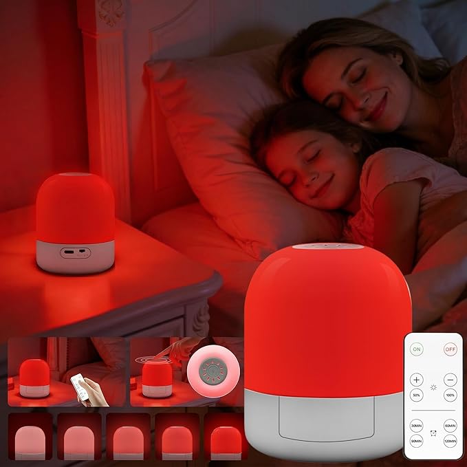 670nm Red Light for Sleep, 100% Blue Light Blocked & 10%-100% Dimmable & 4 Timers & Remote + Touch, Rechargeable Long Lasting Red Night Light Sleep Lamp for Bedroom, Nursery, Reading