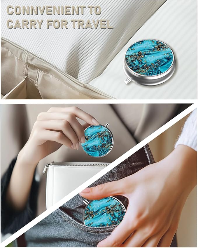 Pill Box, 3 Compartment Portable Travel Medicine Box with Mirror, Compact and Cute, Fits in Purse and Pocket, Medicine and Vitamin Organizer (Blue Gold Marble)
