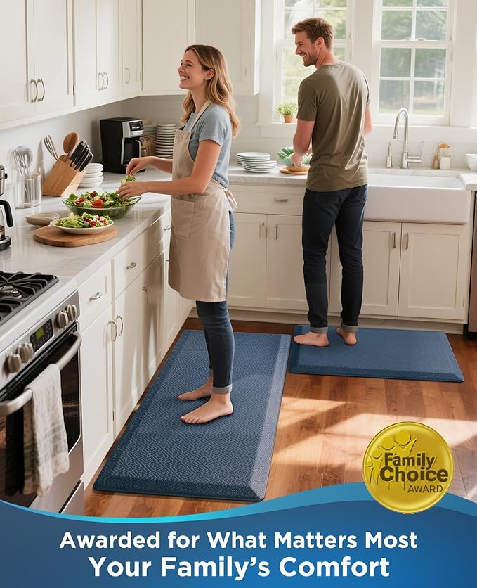 Ophanie Kitchen Mats for Floor, 3/4 inch Thick, 17x24 Anti Fatigue Cushioned Mat, Kitchen Rugs, Waterproof, Comfort Ergonomic Standing Mat for Office, Home, Sink, Blue Non-Slip Ridged Bottom