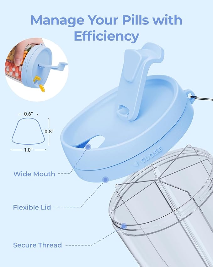 Large Pill Dispenser with 6 Compartments, Anti-Mix Pill Bottle Organizer with Wide Opening & Easy Retrieval, Vitamin Organizer for Travel, BPA-Free Pill Box with a Strap, Blue