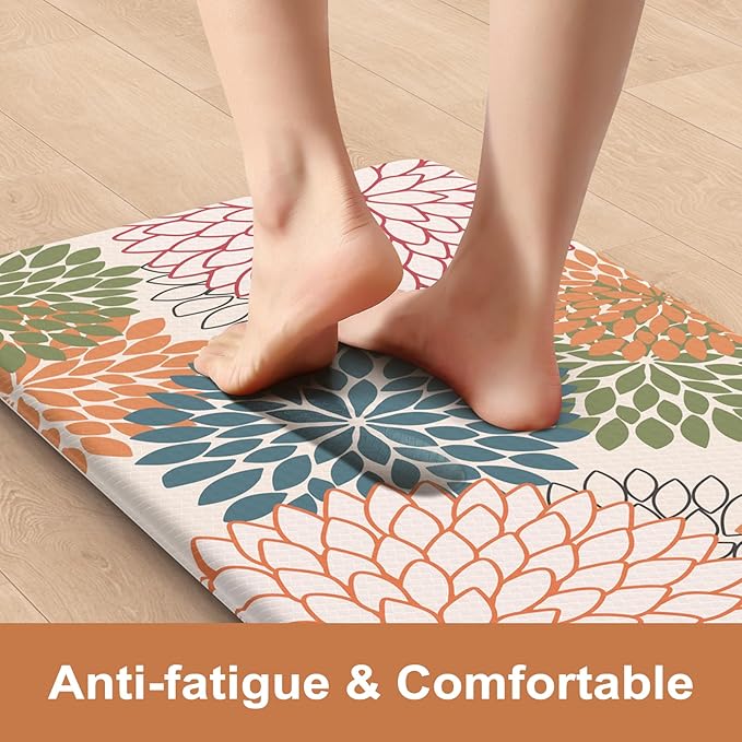 Collive Kitchen Rugs and Mats Cushioned Anti Fatigue Kitchen Mat 2PCS Non-Skid Waterproof Kitchen Runner Rug Comfort Foam Standing Mat for Floors,Office,Laundry,Sink,Floral
