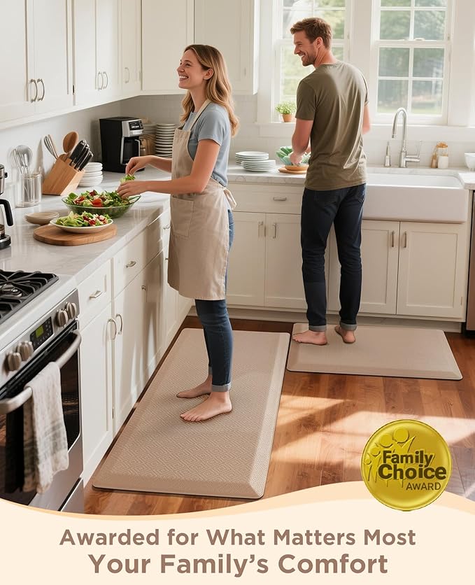 Ophanie Kitchen Mats for Floor, 3/4 inch Thick, 20x32 Anti Fatigue Christmas Cushioned Mat, Kitchen Rug, Waterproof, Comfort Ergonomic Standing Mat for Office, Home, Sink, Beige Non-Slip Ridged Bottom