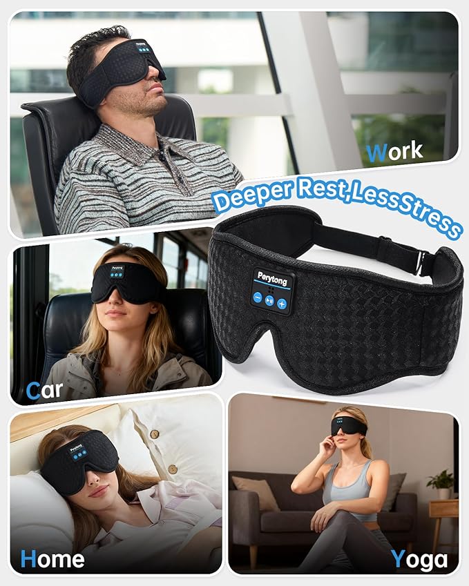 Perytong Sleep Mask with Bluetooth 5.4 Headphones, Wireless Sleep Eye Mask for Side Sleepers, 3D Contoured Comfort & Built-in HD Stereo Earphones, Blackout for Travel (Carbon Black)
