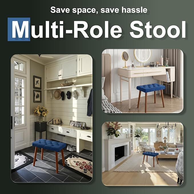 AKLOT Velvet Upholstered Piano Bench: Rubberwood Legs with 300-Pound Load Capacity, Ergonomically Set Seat Height, Easy Assembly, Purpose Keyboard Stool for Vanity, Bedroom & Living Room (Dark Blue)