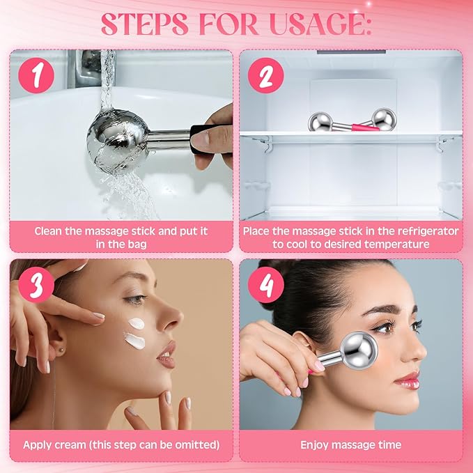 Baderke 2 Pcs Ice Globes for Face Stainless Steel Cooling Globes Unbreakable Cooling Roller Women Ice Balls Cryo Sticks Facials Skin Care for Dark Circles, Puffiness(Silver (Pink Handle))
