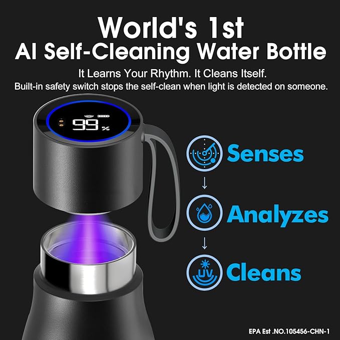 VSITOO 15oz Mini Smart Water Bottle，Self-Cleaning Insulated Bottle, Small Thermoses with AI, App & Touchscreen, Perfect Purse Water Bottle for Travel, Gym & Office, Black