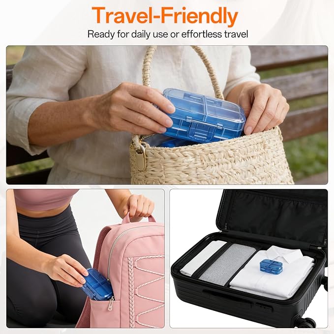 Foldable Travel Pill Organizer 3 Layers Large Capacity, Portable Pill Box Case with 9 Compartments for Medication Vitamins Supplements (Blue)
