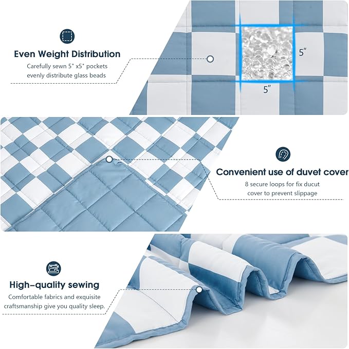Blue Checkered Weighted Blanket for Adults 20lbs, 60"x80" Queen Size, Cooling Heavy Blanket for 130-220lbs with Premium Glass Beads, Soft Thick Big Blankets for All-Season Sleeping Comfort Breathable