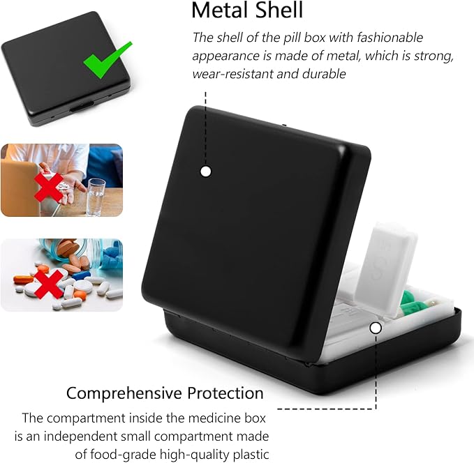 Portable Metal Travel Medicine Box/8 Compartments (Black)