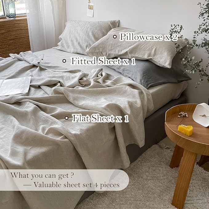 Simple&Opulence Washed Linen Bed Sheet Set Basic Style 4 Pieces (1 Flat Sheet & 1 Fitted Sheet & 2 Pillowcases) 100% Natural Linen Soft Breathable Farmhouse Bedding (Queen, Linen)