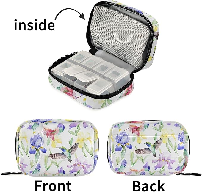 Fustylead Beautiful Hummingbirds Magnolia and Iris Flower Pill Organizer for Purse, Weekly Portable Pill Box with Zipper to Storage Vitamins Fish Oils Medications Supplements