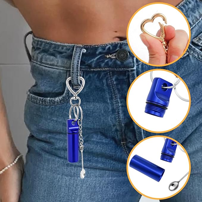 6pc Convenient Pill Holder Keychain – Portable Medicine Keychain Organizer, Compact Small Pill Case for Daily Use， Outdoor Camping Travel（Red and Blue）