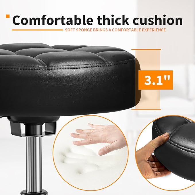 Rolling Stool PU Leather Round - Ultra Soft Padded Seat Cushion Stool with Wheels with Footrest, Weight Capacity 300lb,Adjustable Height Stool for Tattoo Massage Salon Medical Spa Center (Jet Black)