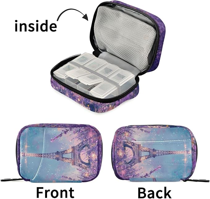 Lavender Eiffel Tower Purple Travel Pill Organizer Weekly Small (Cute) Pill Box 7 Day Pill Case Vitamin Holder Pill Bottle Organizer