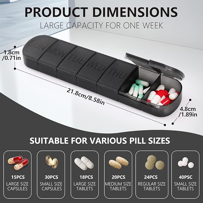 Weekly Pill Organizer, Travel Pill Organizers 7 Day,Vitamin Planner Medicine Box Small Pill Container for Pocket Purse Organizer