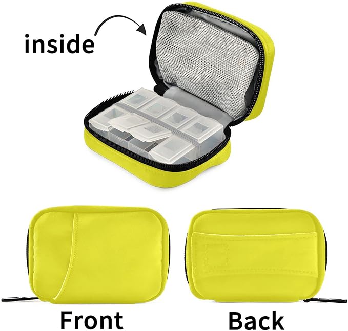 Kigai Yellow Solid Color Pill Case, Portable Weekly Daily Pill Case Bag Organizer with Zipper for Vitamins Medicine Supplements Travel Family Business