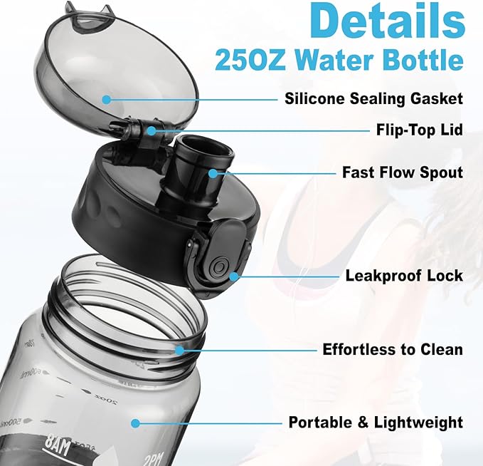Clear Water Bottle, Wide Mouth Leakproof Water Bottle with Time Marker, 26OZ Plastic Water Bottles, Lightweight for Sports, Travel, Black