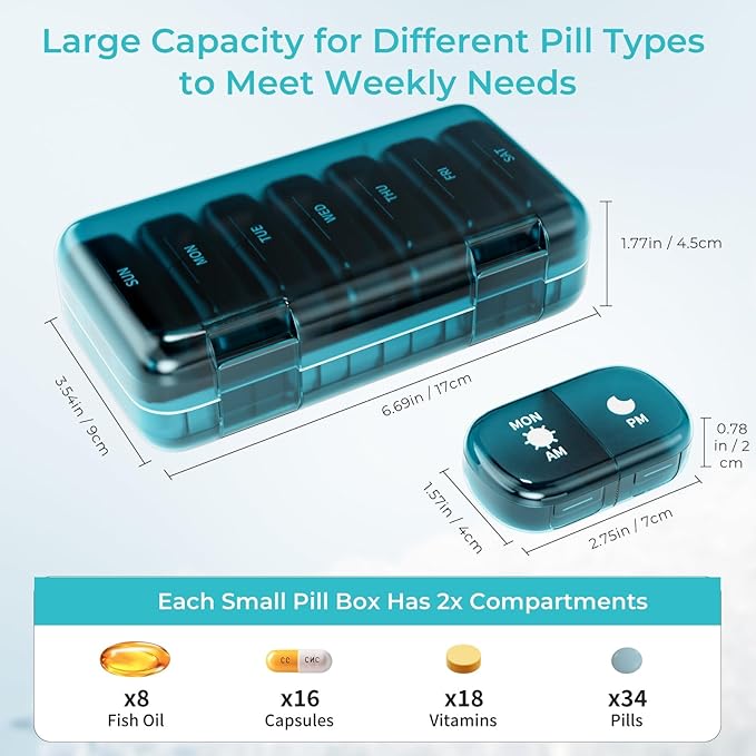 Pill Organizer 2 Times a Day, Large Weekly Pill Box 7 Day, Daily Am Pm Pill Case Dispenser with Removable Containers, Compact Medication Organizer for Vitamins, Supplements (Blue)