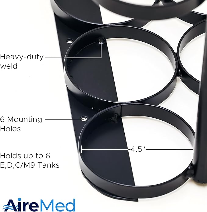 AireMed Oxygen Tank Holder – Holds (6) E, D or M9/C Size Tanks - Heavy-Duty Oxygen Cylinder Rack for Storage and Transportation – Floor Mountable Oxygen Rack – Stylish Black Frame - 4.5" Diameter