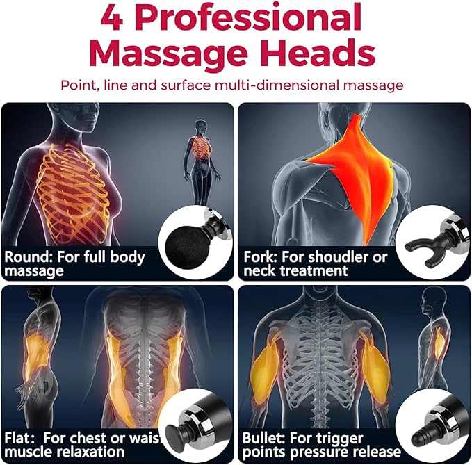 Deep Tissue Massage Gun for Back & Full Body – Long Handle Percussion Muscle Massager with 4 Replaceable Heads, Adjustable Speeds & Quiet Motor – Relieve Muscle Pain, Soreness & Stiffness (Silver)
