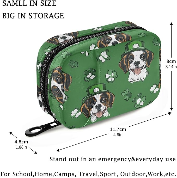 Fustylead Hand Draw St. Patrick's Beagle Dogs and Clover Travel Pill Organizer Bag with Zipper Small Pill Box 7 Day Pill Case for Purse Storage Weekly Vitamin Medicine Supplement
