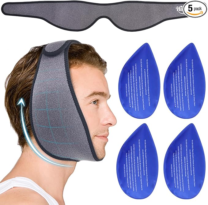 Hilph Face Ice Pack Wisdom Teeth Ice Pack Head Wrap with Washable Jaw Wrap and 4 Replacement Hot Cold Pack for Facial Oral Surgery, TMJ, Tooth Extraction, Dental Surgery, Tonsillectomy Recovery Grey
