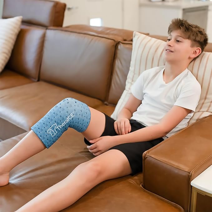 TheraICE Junior Knee Ice Pack Wrap Compression Sleeve for Injuries, Reusable Gel Cold Packs Brace Also for Ankle & Calf - Flexible Cold Wrap Recovery for Meniscus, ACL, MCL Pain Relief