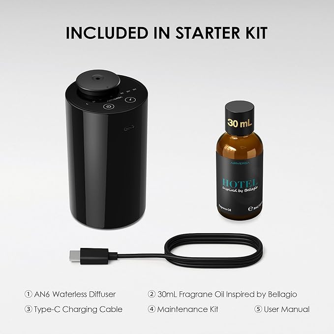 Airversa Waterless Essential Oil Diffuser Starter Kit with 30mL Hotel Fragrance Oil Inspired by Blagio, Battery Operated Car Diffuser, Portable Aroma Nebulizer for Home Car Office, AN6Kit-4, Black