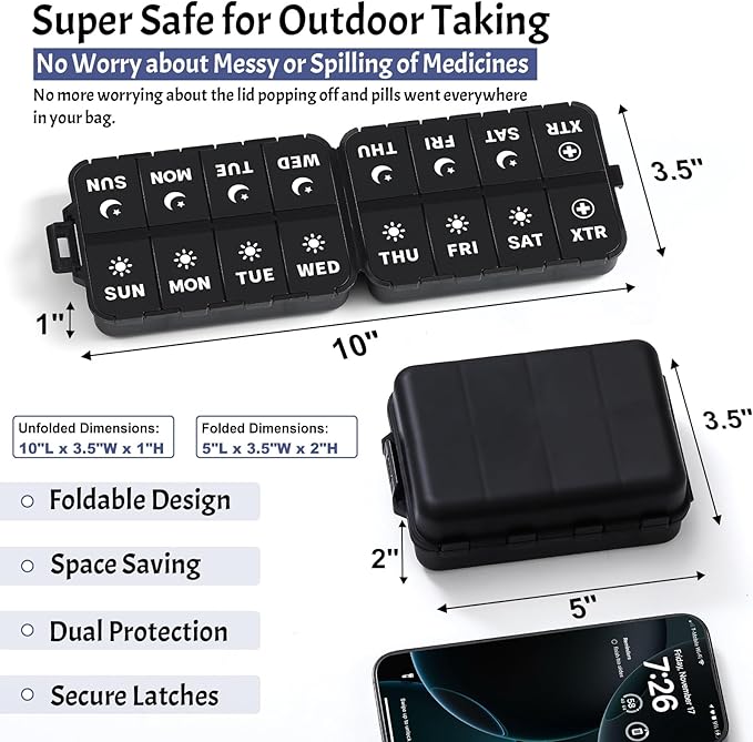 Foldable Weekly Pill Organizer 2 Times a Day with 2 Extra Compartments (Clear Printed Labels) - Portable 7 Day AM PM Medicine Box, Week Daily Travel Pill Case Holder for Vitamin, Supplement - Black